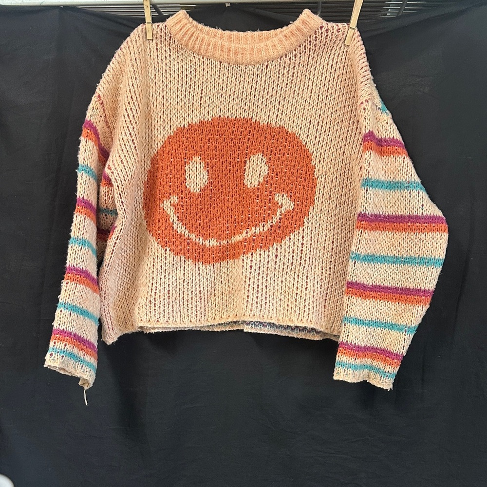 Cozy Multicolor Striped Sweater with Smiley Design